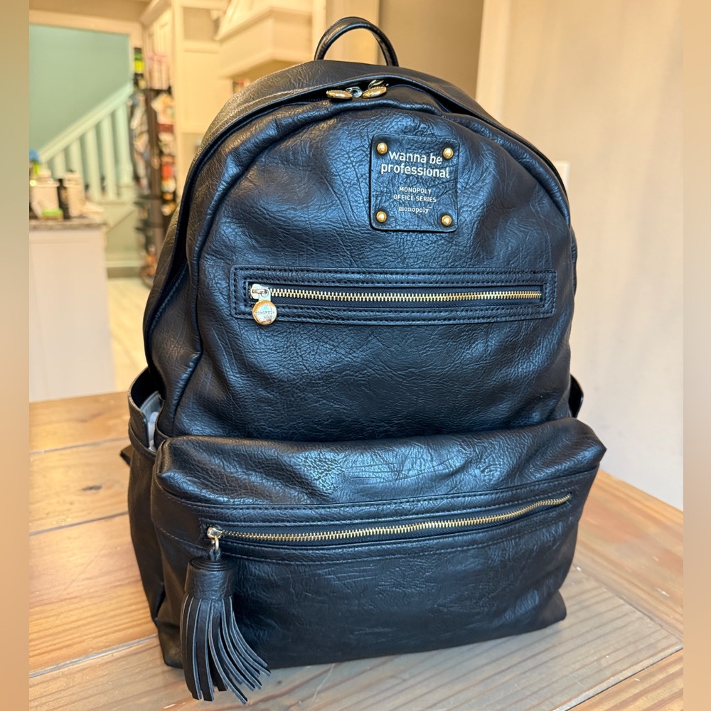 Monopoly Office Faux Leather Backpack Daily Laptop Bag Black Discontinued